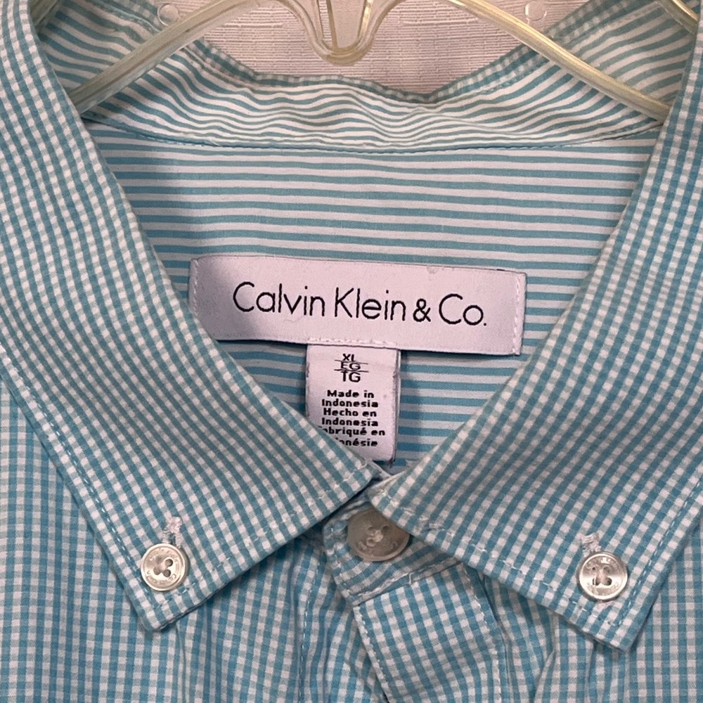 Calvin Klein Mens XL Lt Blue aqua check Button Down Shirt Long Sleeve Cotton - Picture 5 of 13